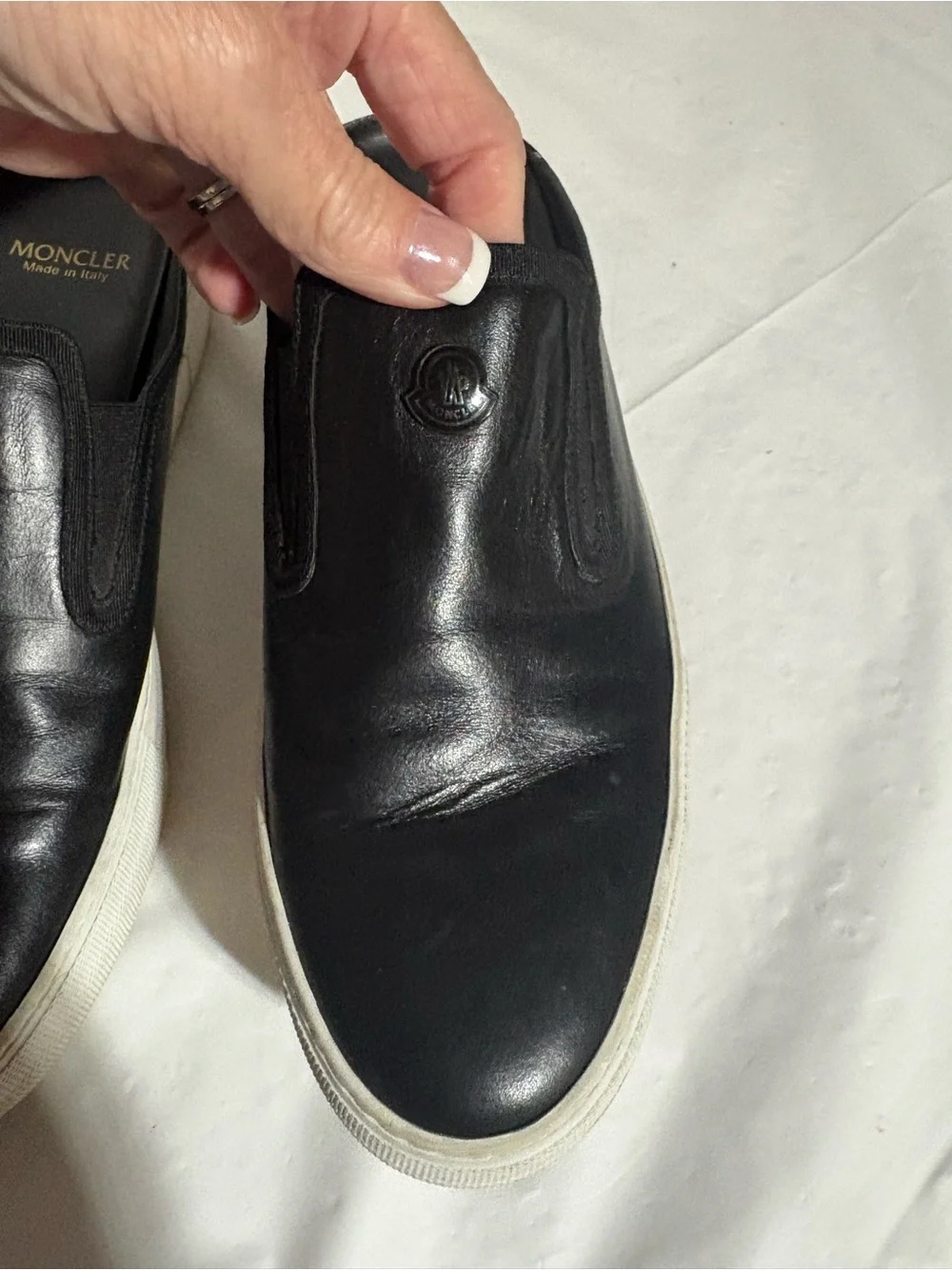 Moncler Black Leather Slip-On Loafers with White Sole